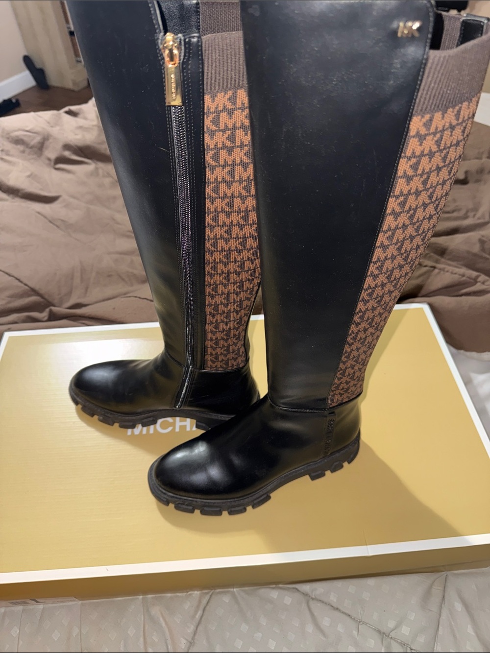 MICHAEL Michael Kors Black Leather Over-the-Knee Boots with Brown MK Logo Panel